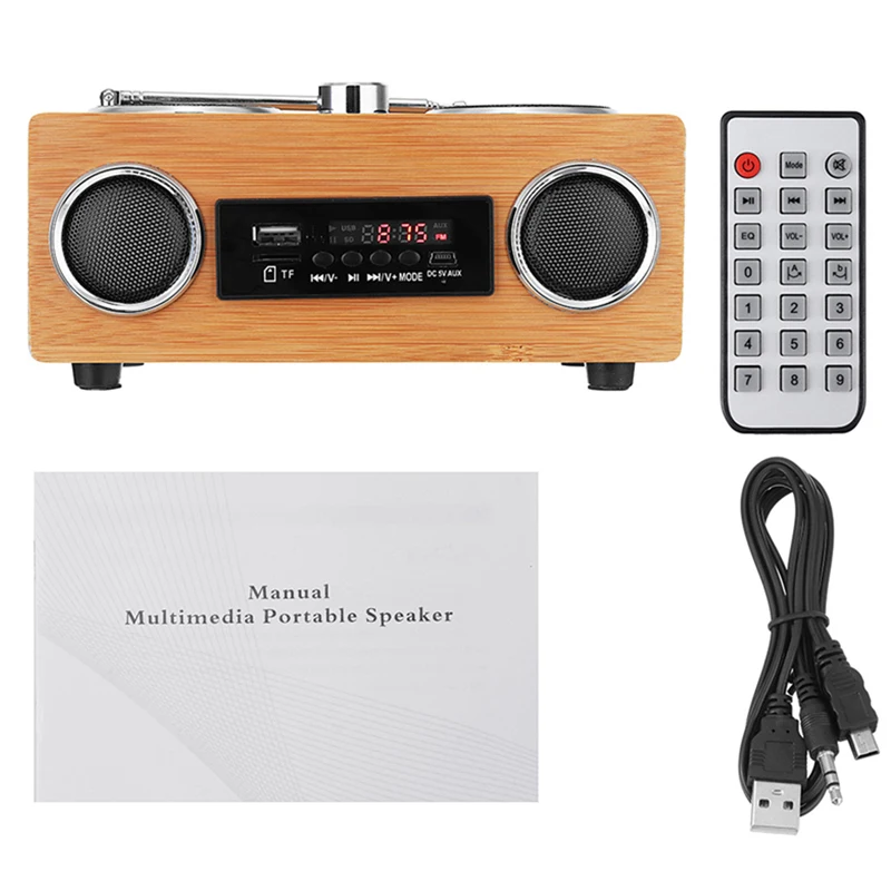 레트로 빈티지 라디오 슈퍼베이스 FM 라디오 대나무 멀티미디어 스피커, 클래식 수신기 USB MP3 플레이어 지원 TF 카드