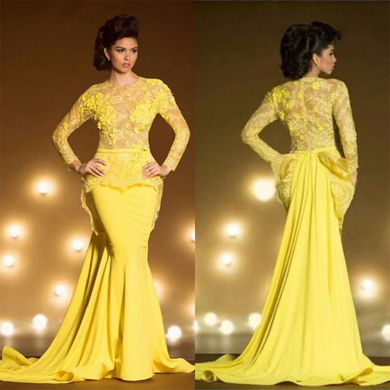 Yellow Lace Long Sleeve Vestido Longo Mermaid Evening Gowns Arabic Style Formal Party O-Neck Flowers mother of the bride dresses