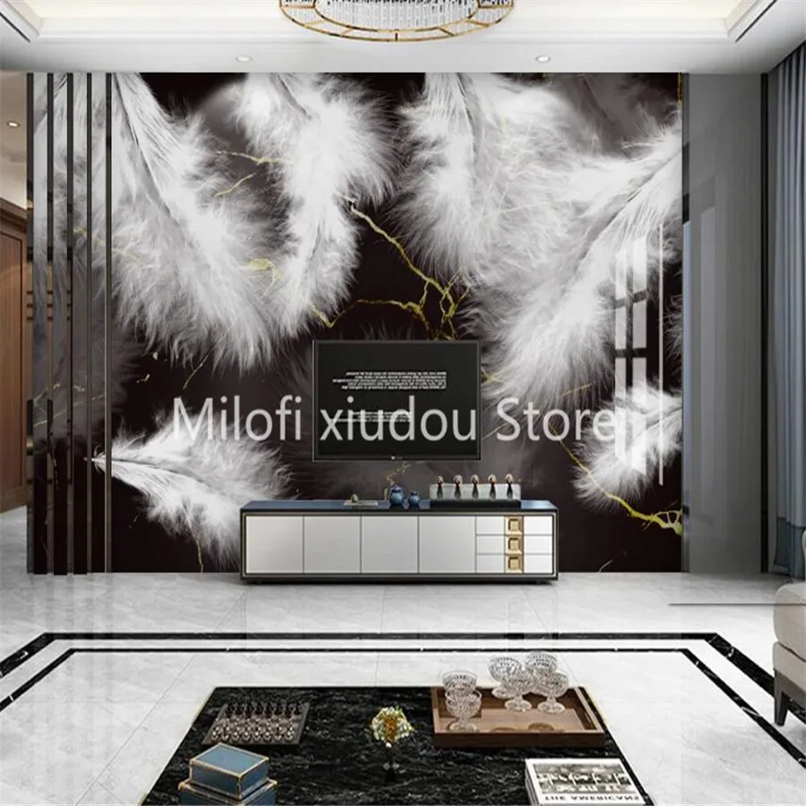 

Custom 3D wallpaper mural light luxury creative feather black gold marble pattern living room bedroom background wall decoration