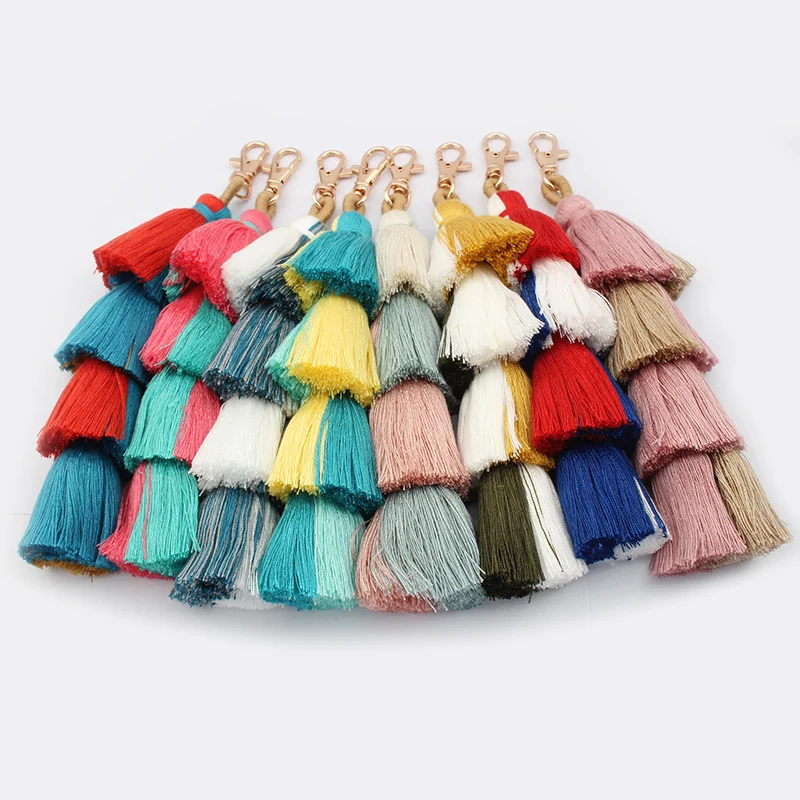 1PC Four-Layered Tassel Handmade Key Chain Boho Cotton Ombre Puffy Tassel Pendant Handbag Decoration For DIY Jewelry Making