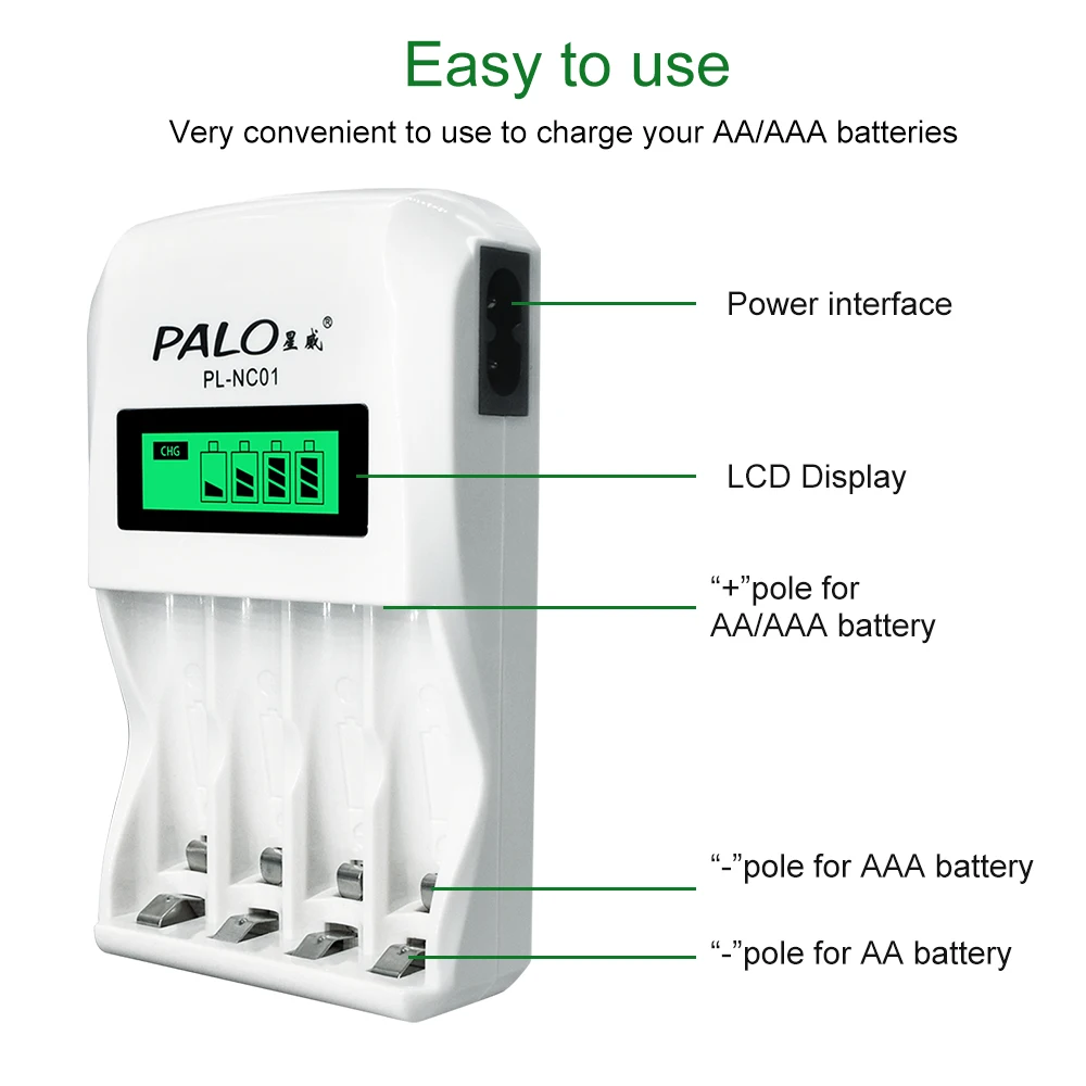 PALO AAA Battery Charger LCD Display Intelligent Charger For 1.2V Ni-Mh Ni-Cd AA AAA  Rechargeable Batteries