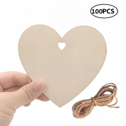 100pcs 100mm Wood Heart Blank Wooden Heart Embellishments with Natural Twine for Wedding DIY Arts Crafts Card Making