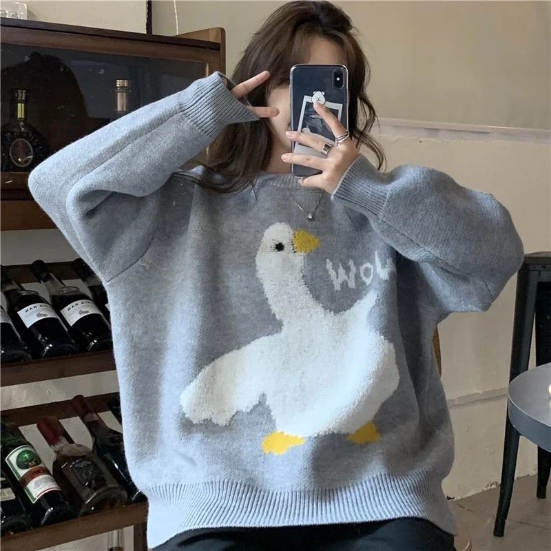 Casual O Neck Knitted Sweater Female Korean Version Cartoon Duck Letter Sweater Autumn Winter Long Sleeve Pullover Jumper Women