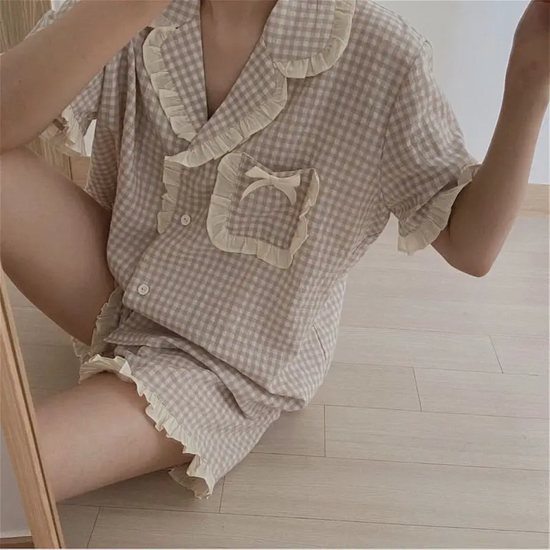 Korean Pajama for Women Summer Loungewear Sleepwear Sets Girls Sweet Plaid Lapel Pyjama Kawaii Ruffle Pijama Japanese Home Suit