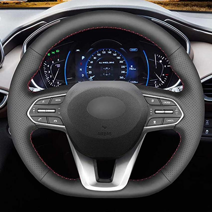 Hand-stitched Black Leather Car Steering Wheel Cover for Hyundai Santa Fe 2018-2023 Palisade 2020-2022