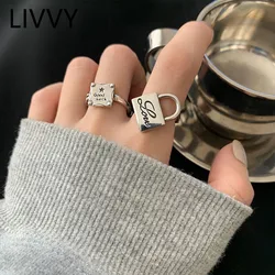 LIVVY Silver Color New Trendy Simple Ring for Women Fashion Creative Letter Square Lock Ring Birthday Party Jewelry Gift