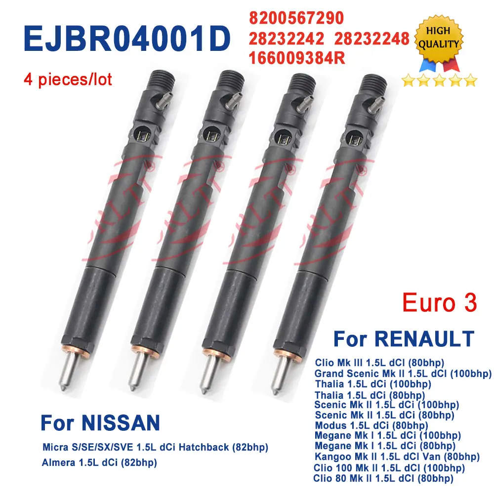 

4PCS Diesel EJBR04001D 8200567290 166009384R Common Rail Injector 28232248 For RENAULT NSSAN K9K750 K9K728 K9K712 K9K702