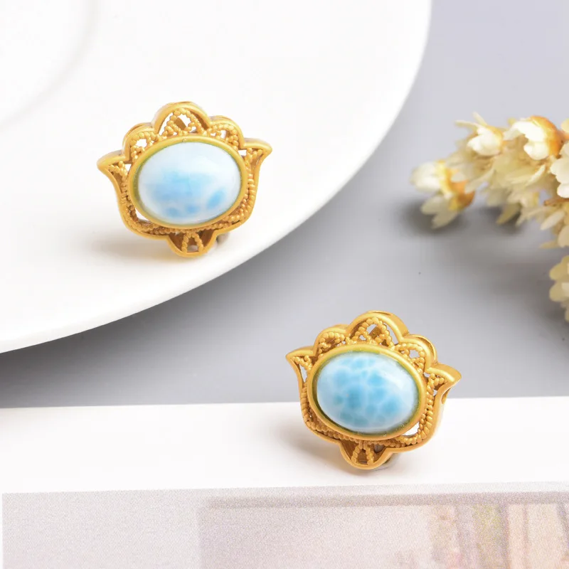 ZHEN-D Perhiasan Kualitas Tinggi Alami Larimar Perak Sepuh Emas Bentuk Lotus Mini Konektor Spacer Bead DIY Liontin Kalung Hadiah