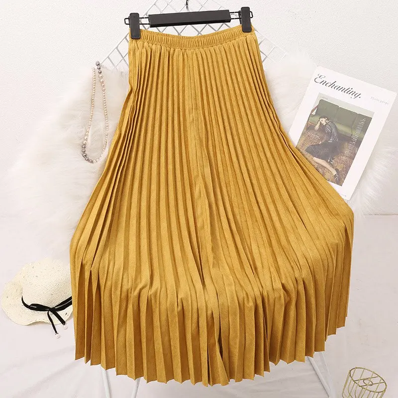 Women\'s Elegant Suede Midi Skirt Korean Vintage Female High Waist Pleated Thick Warm Skirts Mujer Faldas 2024 Fall Winter Sk622