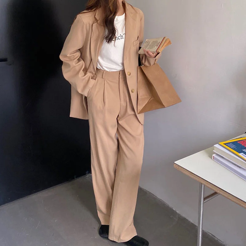 

Two Pieces Set Office Lady Blazer Suit Women High Waist Loose Trousers Pants Work Blazer Business Jacket OL Jaquetas Feminina