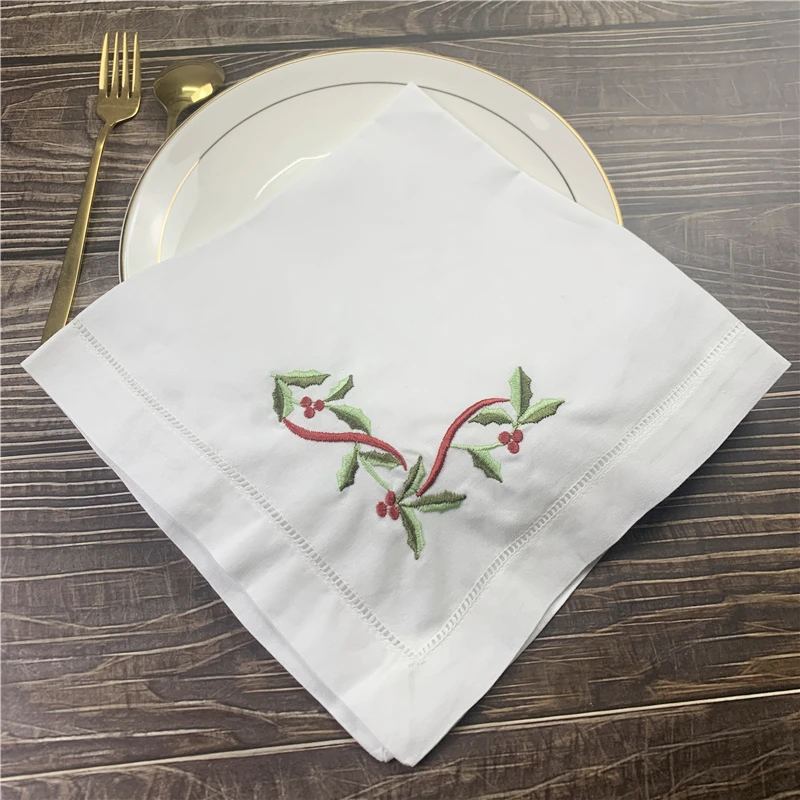 12 PCS Christmas Dinner Napkins White Hemstitched linen Table Napkin with Color Embroidered Floral Tea Napkins 20X20