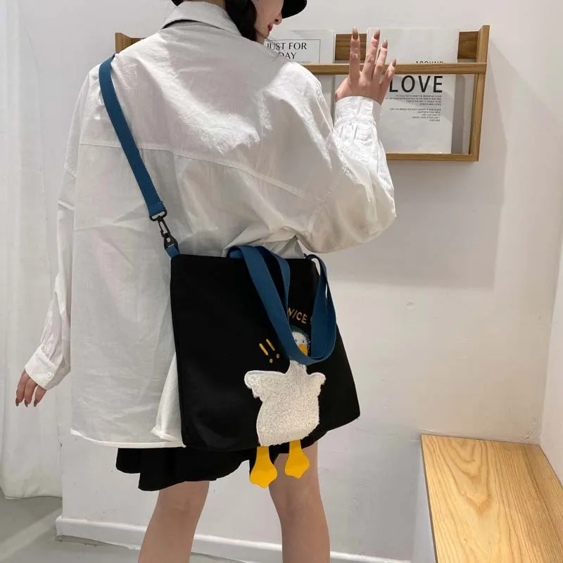 Solid Color Messenger Bag with Cute Duck Canvas Large Capacity Shoulder Bag Handbag for Women