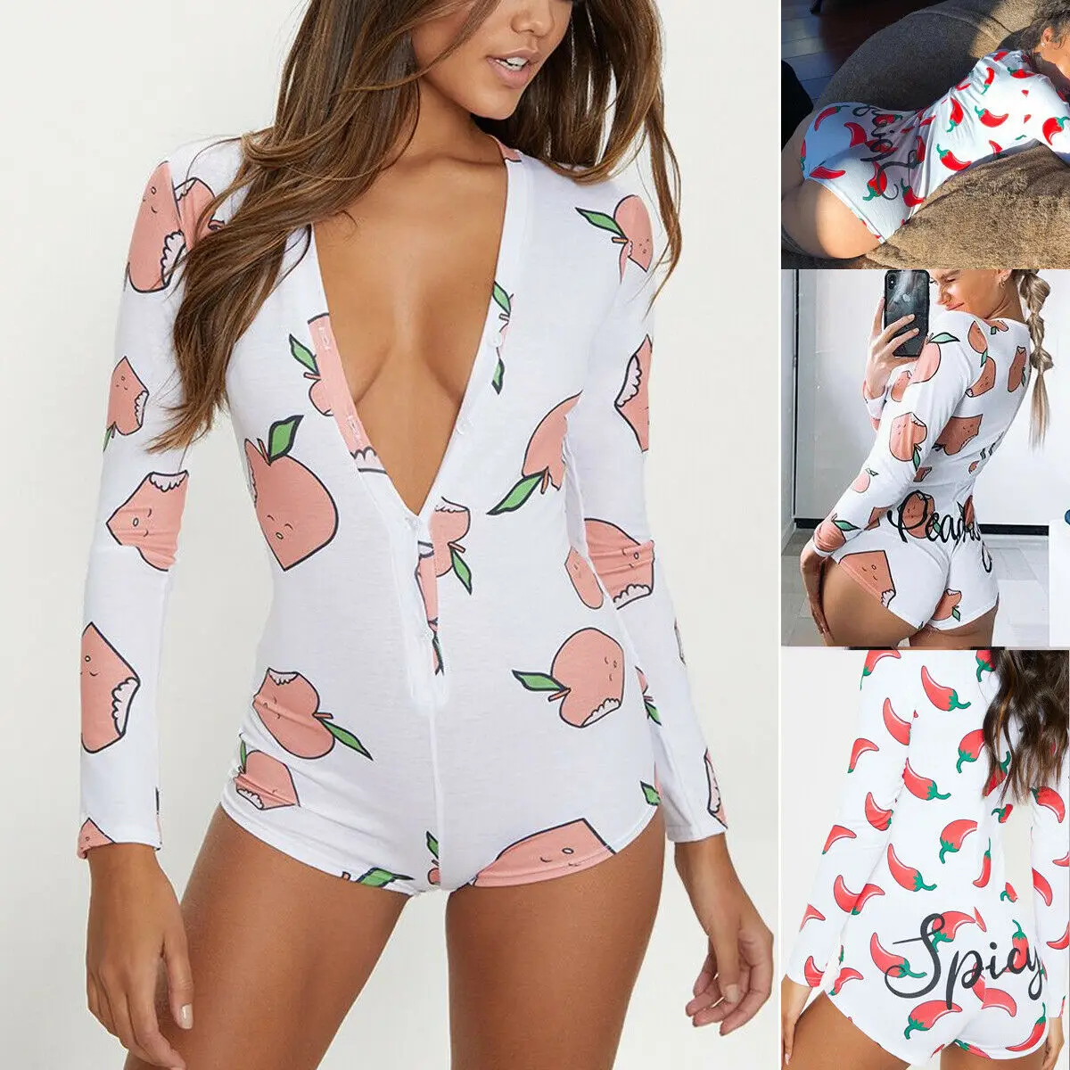 Summer New Hot Sale Women\'s Printed one-piece home Clothing Jumpsuit V Neck Sexy Leotard Romper Chili And Peach Print Bodysuit