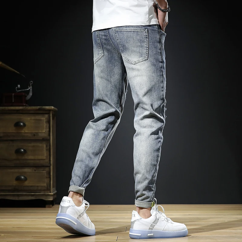 Ripped Jeans Men Summer Thin Light Blue Stretch Mens Jeans Slim Fit Pencil Pants