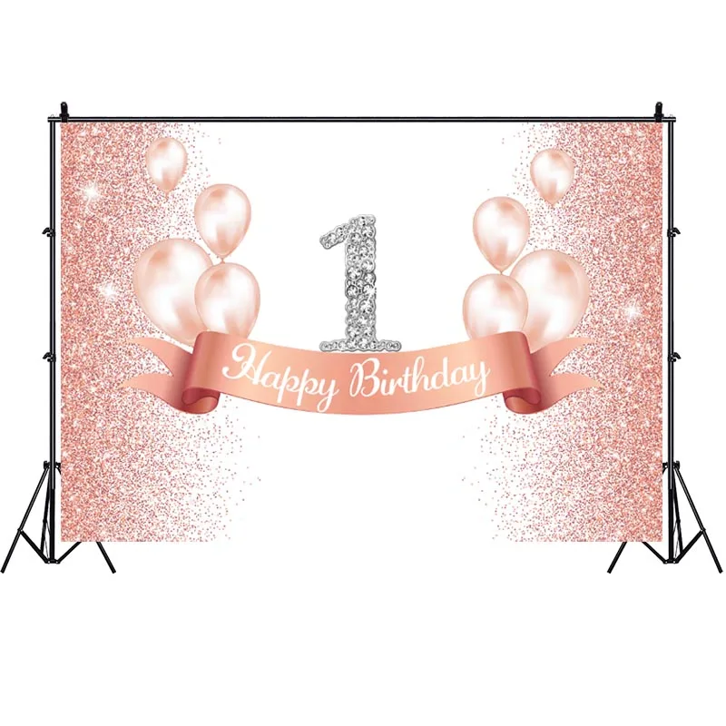 Ouro rosa 1th fotografia pano de fundo coroa chá de fraldas recém-nascidos meninas festa de aniversário personalizado foto fundo decoração banner