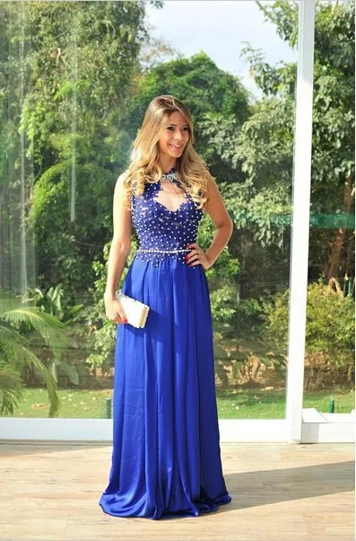 2015 Sexy Fashion Lange Blauwe Prom Dresses See Through Back Ontwerp Pageant Jurken Voor Dames Handgemaakte Royal Blue Avondjurk