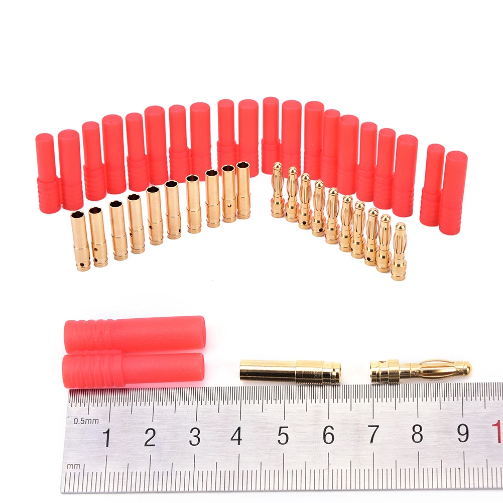 10 Sets Gold Plated Banana Plug  HXT 4mm Banana Plugs with Red Housing for RC Connector Socket AM-1009C