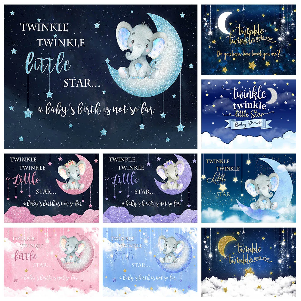 

Twinkle Twinkle Little Star Baby Birthday Party Backdrop Decor Glitter Moon Star Elephant Baby Shower Photo Background Photocall