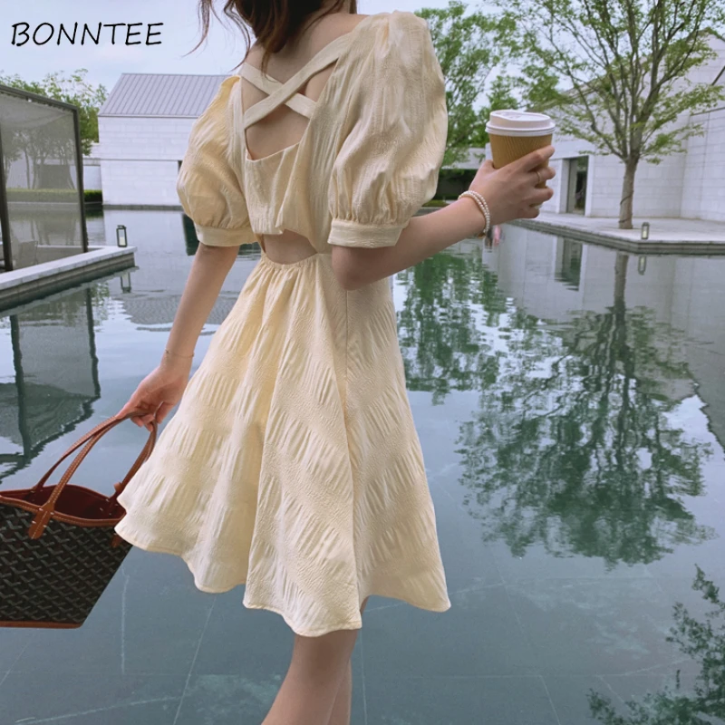 Dresses Women Mini Friends Yellow Holiday Sweet Girls Beach Style Leisure French Romance Temperament Summer Fashion Puff Sleeve