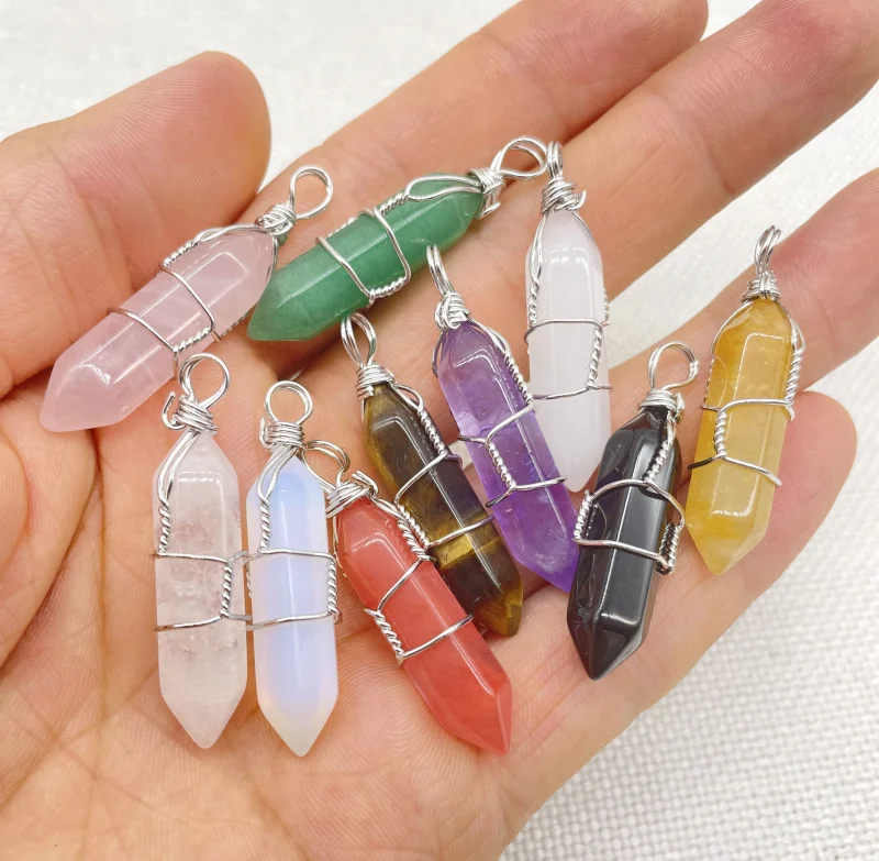 Natural Gem Stone Quartz Crystal lapis Wirewound Hexagonal Column Pendants For DIY Jewelry Making Necklaces Accessories 24Pcs