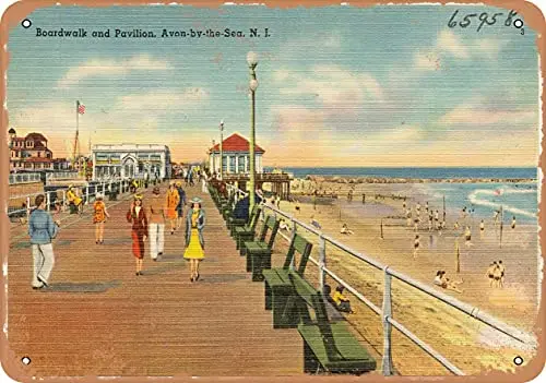 Metal Sign - New Jersey Postcard - Boardwalk and Pavilion, Avon-by-The-Sea, N. J. - Vintage Rusty Look Wall Decor for Cafe beer