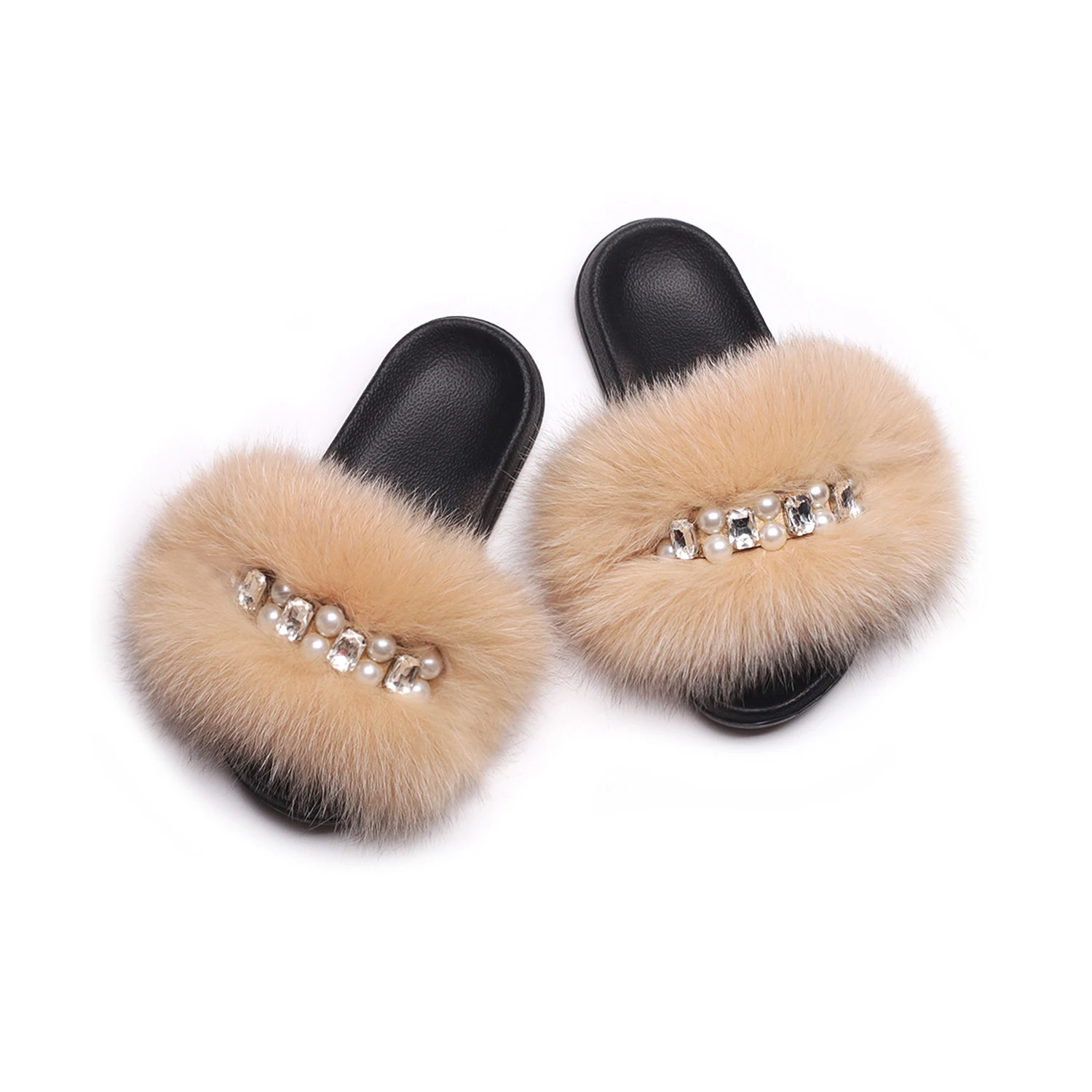 Plush Slippers Flip Flops Pearl Chain Real Fox Fur Slides For Women Fluffy Summer Sandals Furry Slippers Female Flat Home Shoes