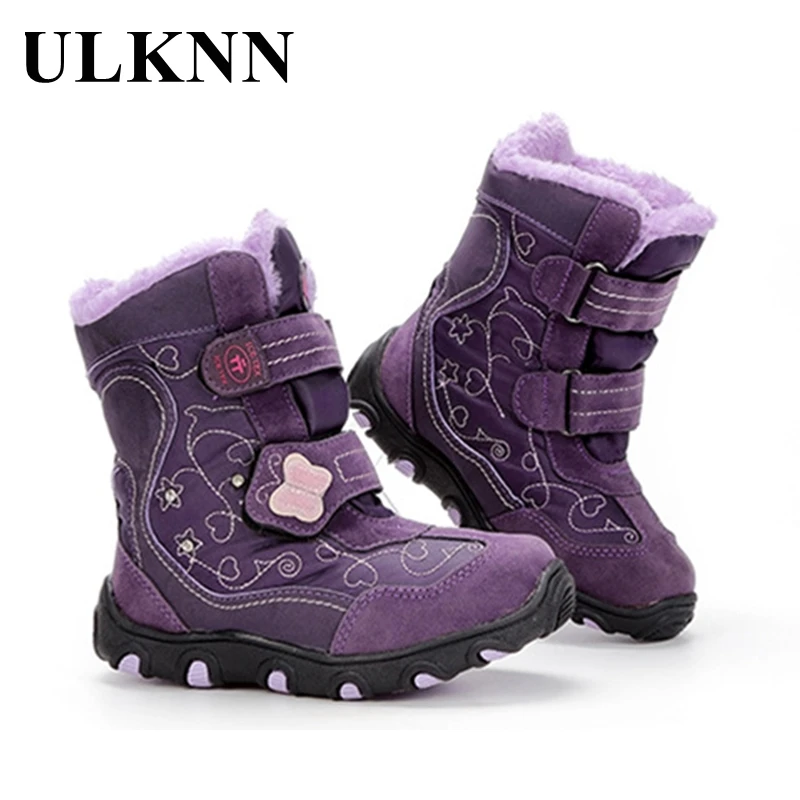 ULKNN-Botas de nieve para niño y niña, zapatos de terciopelo cálido, impermeables y antideslizantes, color morado, TPR, Invierno