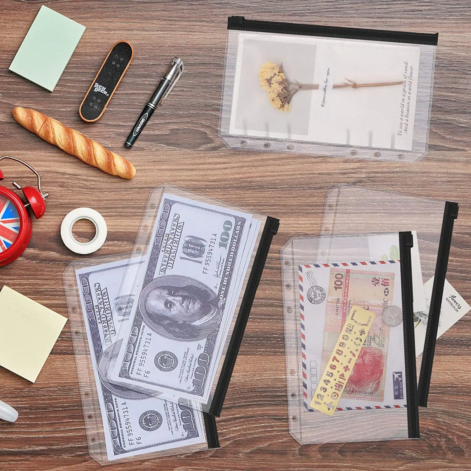 12Pcs/Set A6 Binder Zipper Pouch Loose Leaf 6 Hole PVC Folder for 6-Ring Journal Budget Filing Pockets Waterproof Envelopes