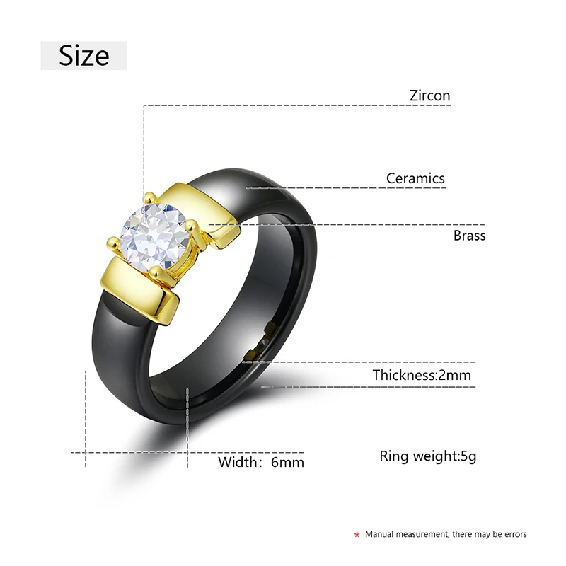 6mm White Black Ceramic Rings Plus Cubic Zirconia For Women Gold Color Stainless Steel Women Wedding Ring Engagement Jewelry