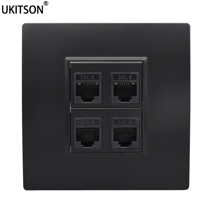 Black Color 4 Ports Female CAT6 RJ45 86x86mm For LAN Internet Straight Plug Extension Socket Faceplate