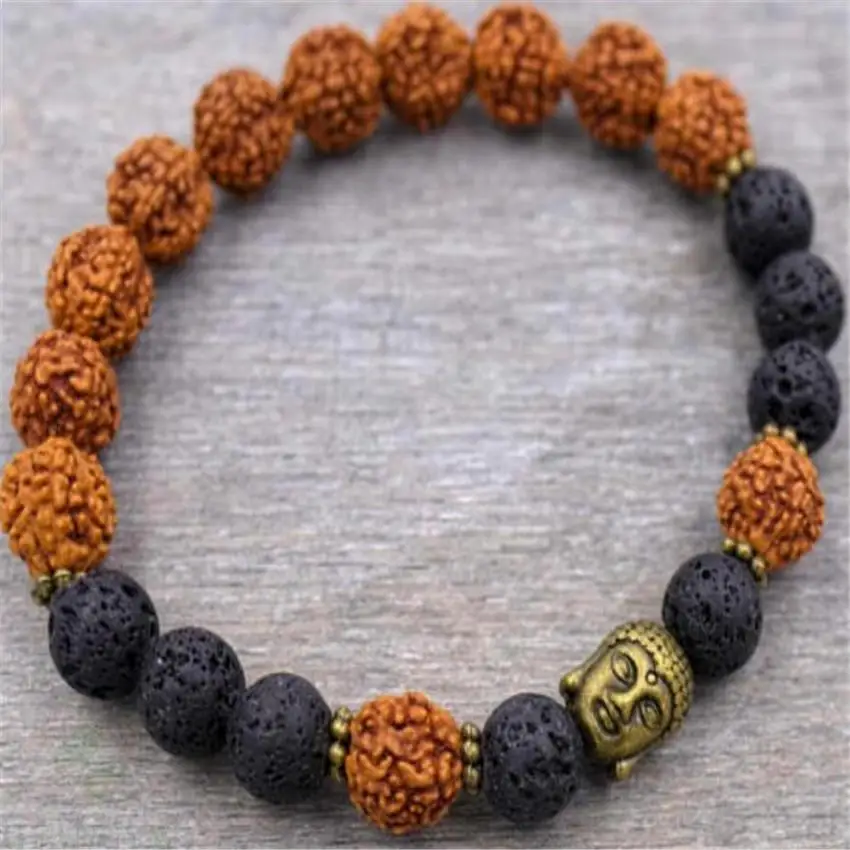 

8mm Rudraksha Volcanics Mala Bracelet Golden Buddha Handmade Reiki Spirituality Pray Healing Monk Wrist Yoga Prayer Men