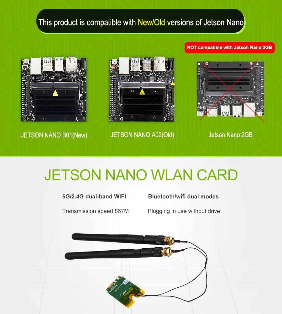 

Jetson Nano 8265AC NGW Dual-Band Network Card with M.2 Interface Compatible with 4GB(A02/B01)