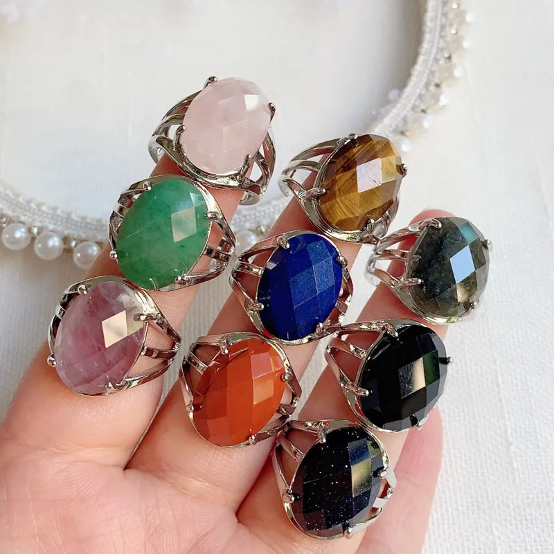 Anillos de piedra de cristal Natural para mujer, amatistas ovaladas multifacetadas, lapislázuli, Aventurina, rosa, púrpura, anillo de dedo de cristal, fiesta, boda