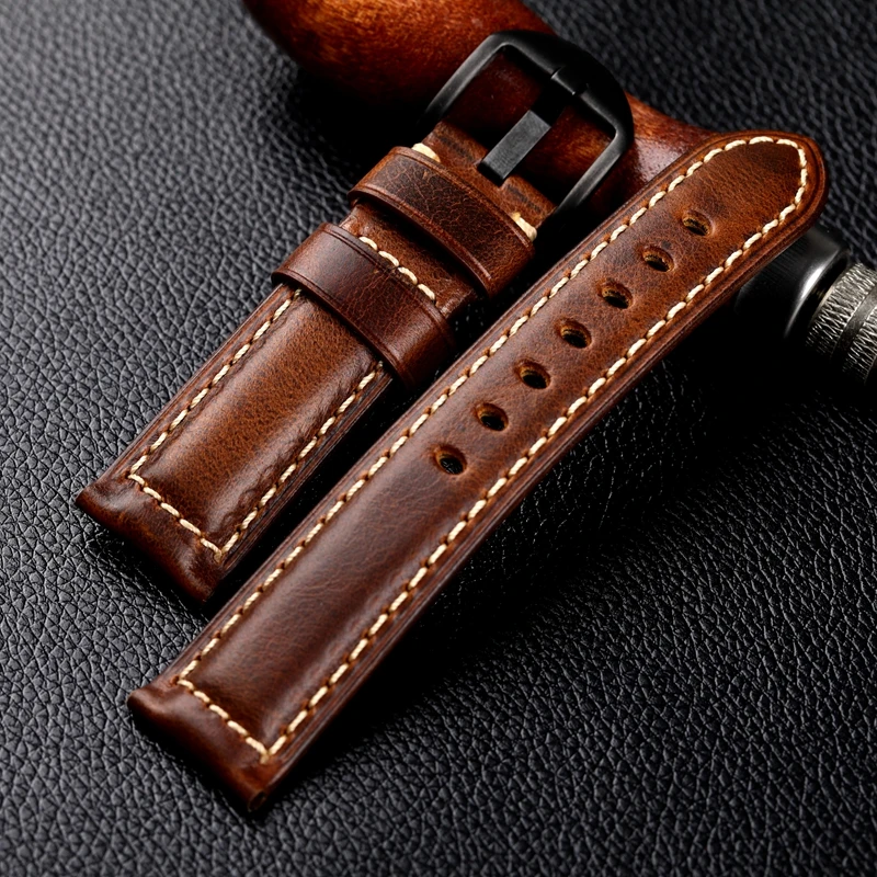 Handmade Leather Watchband 20 22 24MM Oily Cowhide Vintage Style, Brown Men Thick Model Suitable For PAM111 441