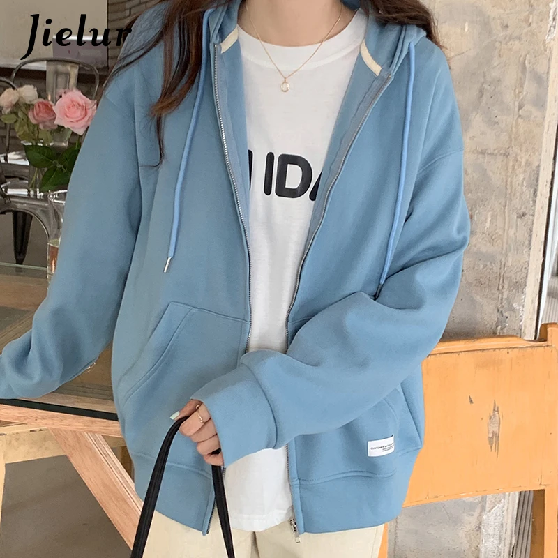 Jielur Autumn Chic Zip-up Hoodies Female Casual Street Loose Thin Blue Gray Apricot Sweatshirt Pocket Hooded Women Cardigans