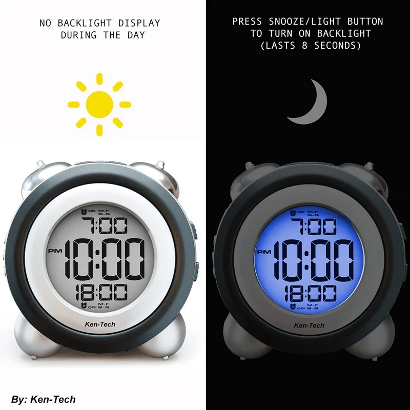 Digital Alarm Clock Time Date Display Twin Bell Very Loud for Heavy Sleepers Dual Alarm Blue Backlight for Teens