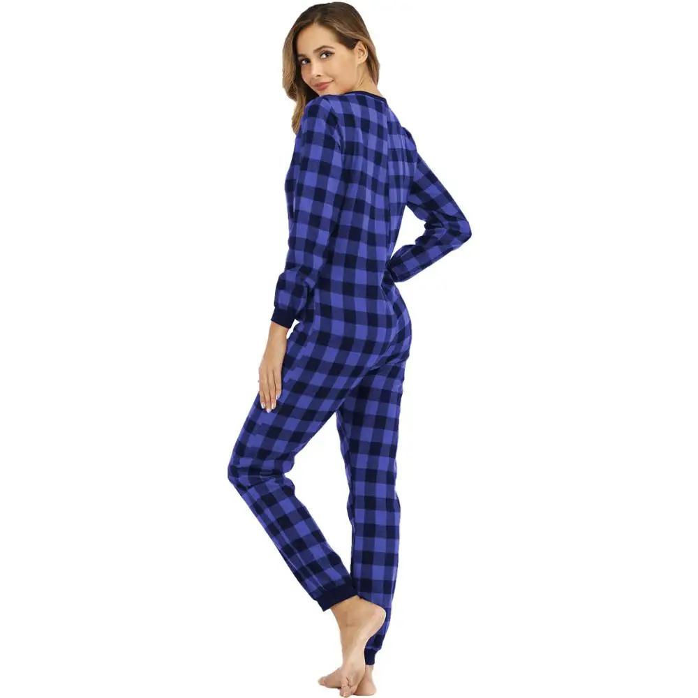 Macacão casual feminino, pijama xadrez azul para família