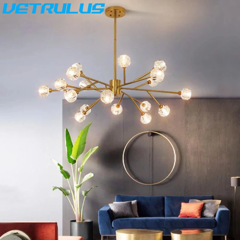 

Modern Sputnik Chandelier Celling Light Crystal Ball Led Nordic Vintage Copper Molecular Lustre Pendant Lamp Living Dining Room