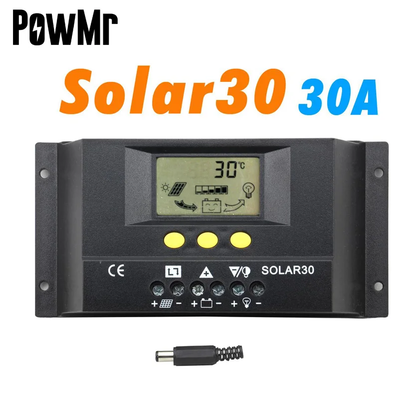 PWM Controller Solar 30A 12V 24V Auto LCD Display for Max 360w and 720w Panel Solar with Temp Senor Light and Timer Control