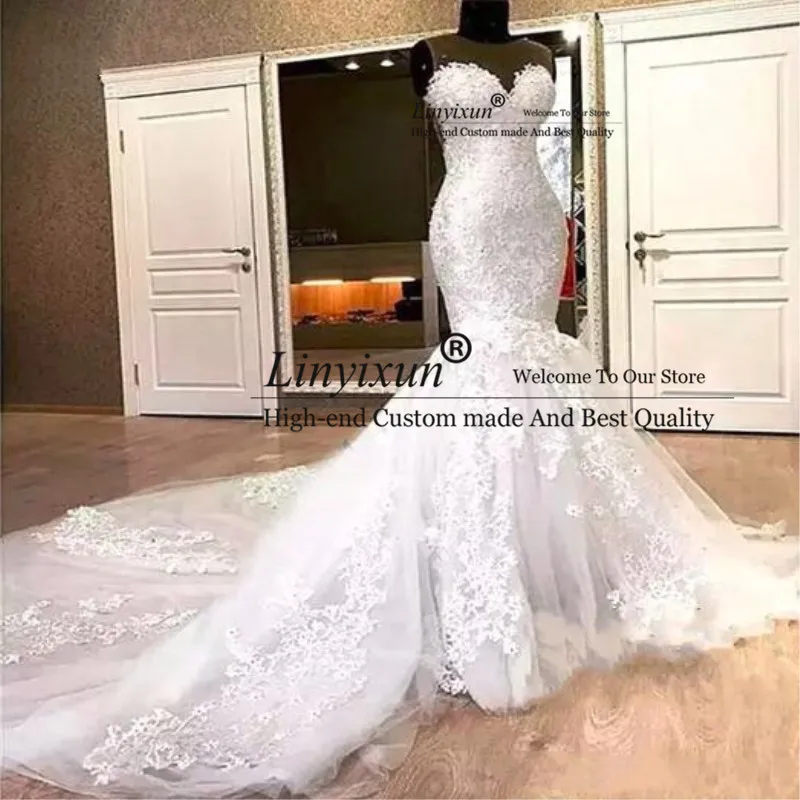 Gorgeous Mermaid Lace Wedding Dresses Appliques Beads Long Chapel Train Sheer Neck 2020 Bridal Dress For Women Vestido De Noiva