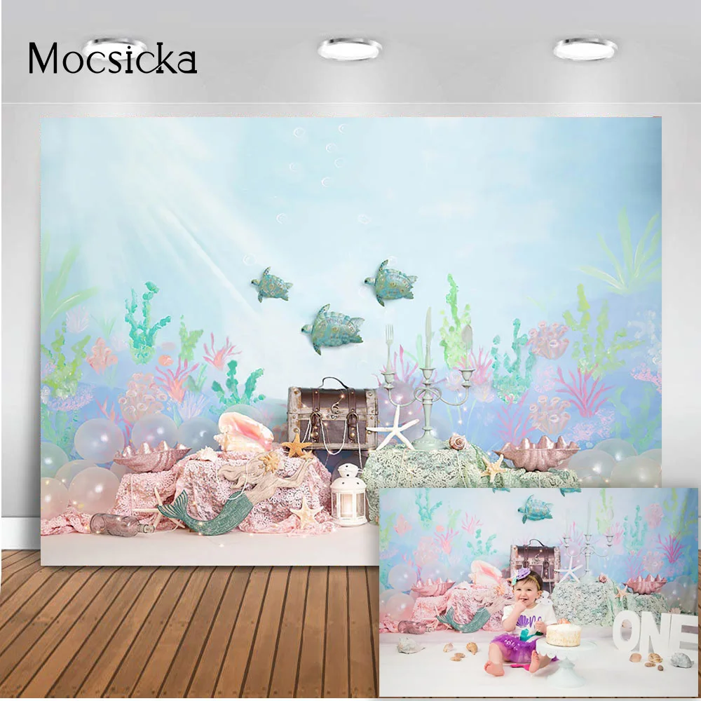 

Mermaid Theme Birthday Cake Smash Newborn Kids Portrait Photography Backdrop Under the Sea Little Mermaid Photo Background Prop