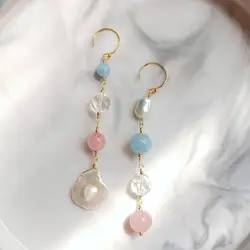 LiiJi Unique Genuine Stone Asymmetric Earrings US Goldfilled Aquamarine Rose Quartz Baroque Pearl Crystal Unique Long Earrings