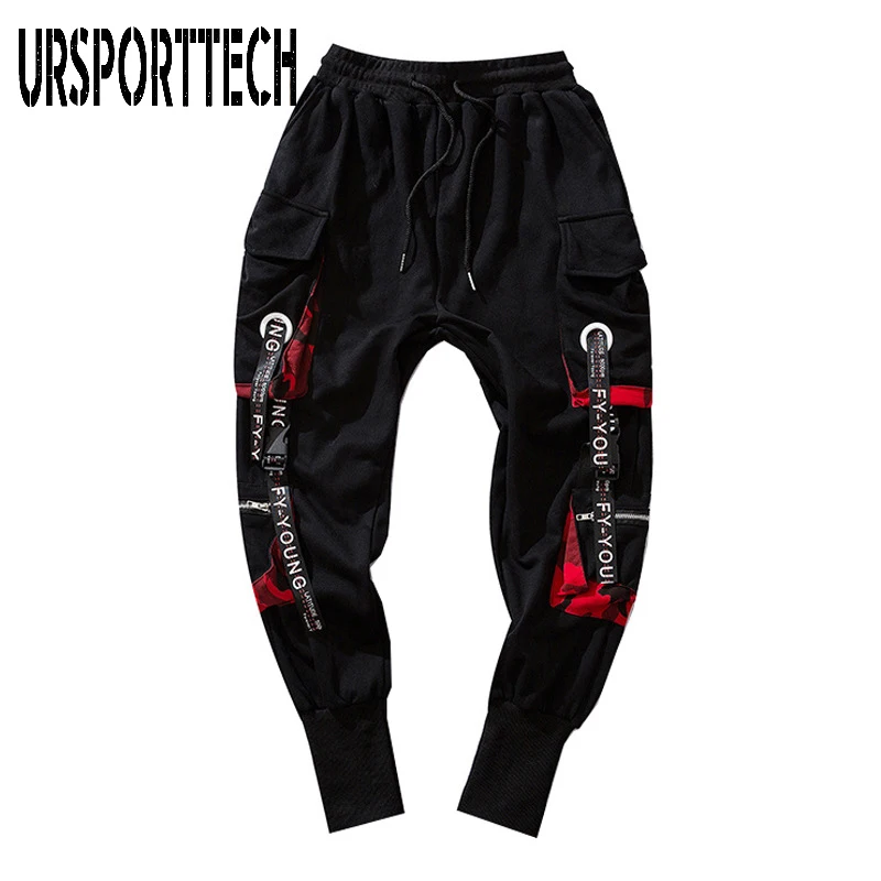 Hip Hop Joggers Men Letter Ribbons Cargo Pants Pockets Track Tactical Casual Techwear Male Trousers Sweatpants Sport Streetwear