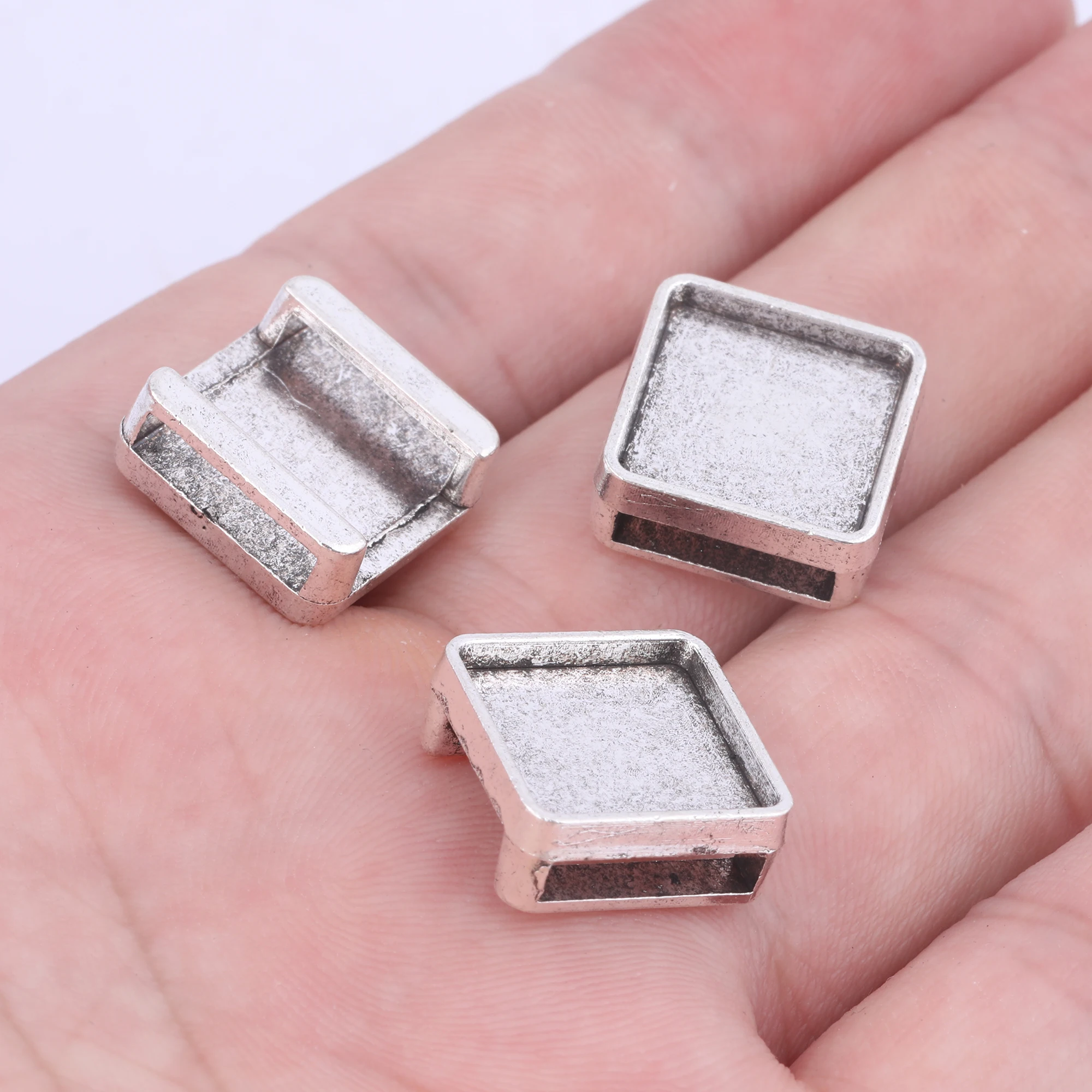 온웨어 플랫 가죽 슬라이더 비즈, 앤티크 실버 블랭크, 12mm 카보숑 세팅, DIY 팔찌, 소모품 제작 구멍, 10x2.5mm, 20 개