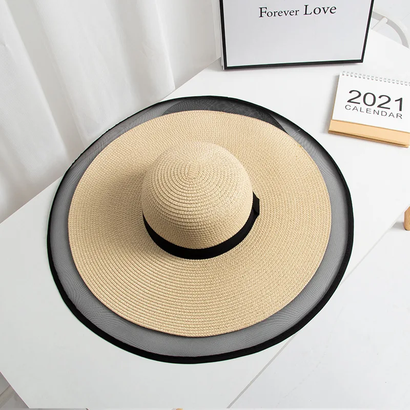 S09 Straw hat Summer New Style Black Mesh Female Summer Sunscreen Cover Seaside Vacation Holiday Foldable Beach Hat Sun Visor