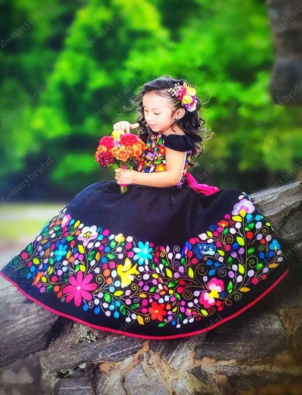 2023 colorido flor bordado sexy preto bola vestido para meninas quinceanera concurso baile de formatura vestidos formais para crianças meninas pequenas mexicana