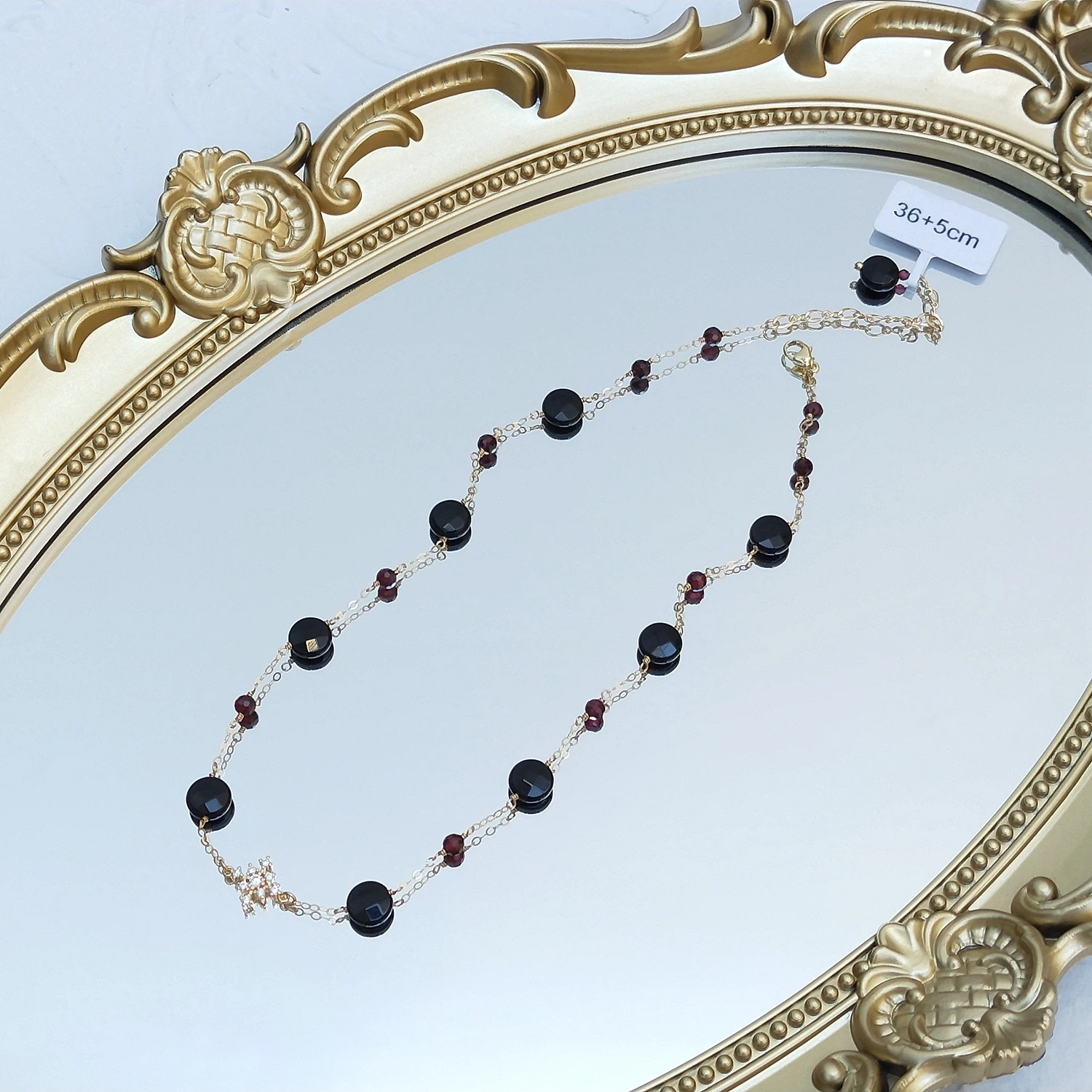 Lii Ji American 14K Gold Filled Choker Chain Black Agate/Onyx Red Garnet Zircon Snowflake Handmade Necklace 36cm+5cm