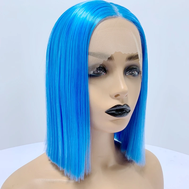 Dlme cor azul curto bob peruca para preto feminino azul sintético rendas frente perucas cosplay peruca resistente ao calor do cabelo