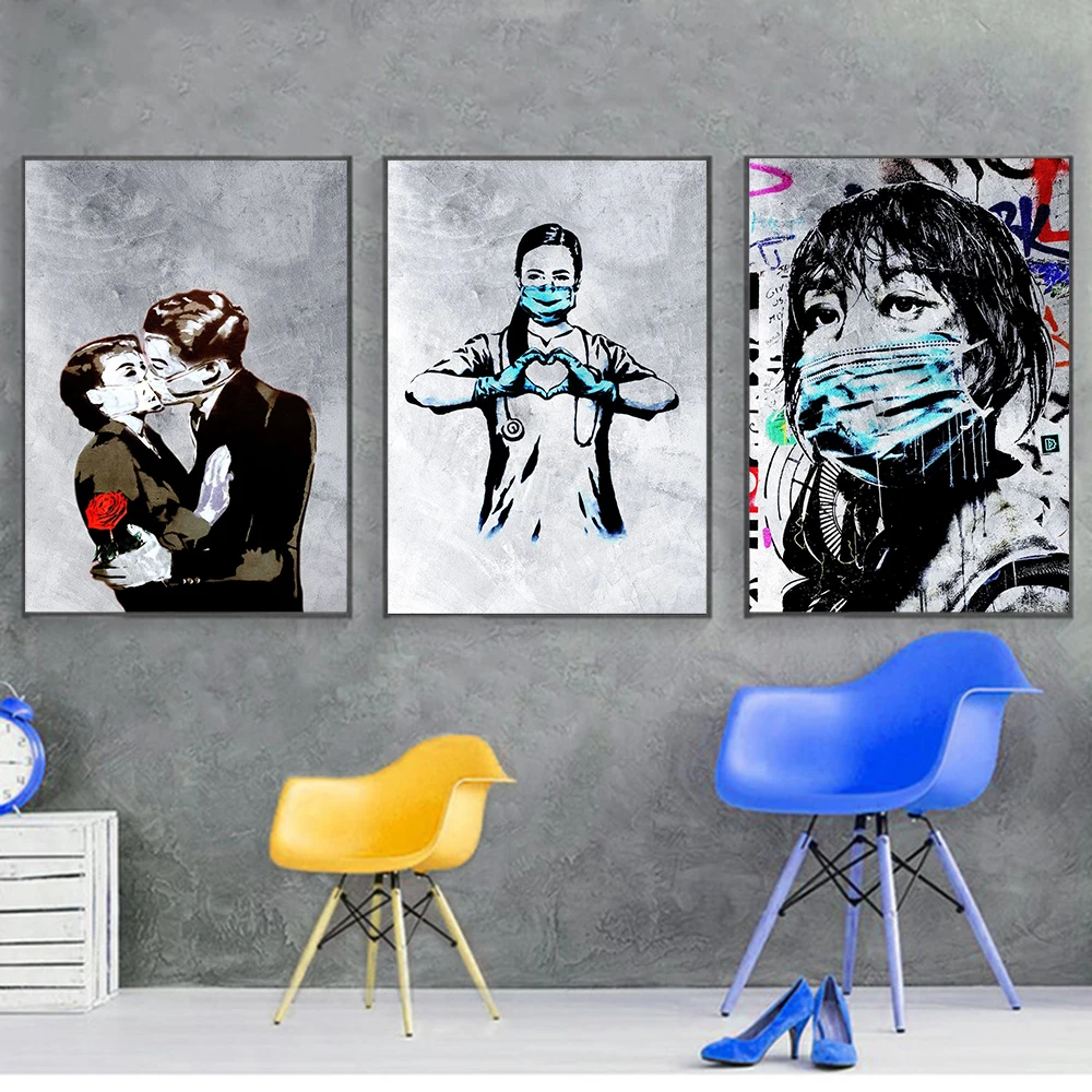 

Banksy Street Graffiti Nurse Art Kiss Print Pictures Abstract Canvas Painting Black White Wall Art Posters Livingroom Home Decor
