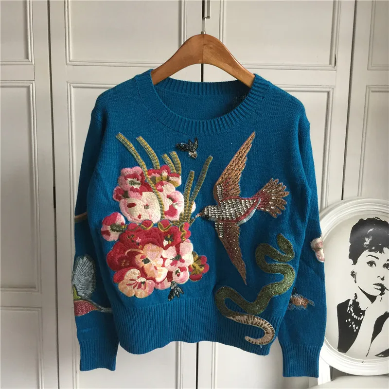 Autumn Winter Sweaters New Fashion Women\'s Long Sleeve Elegant birds beading Flower Embroidery novel Wool Sweater